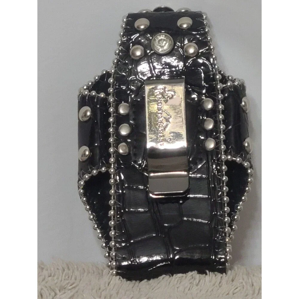 Montana West Cell Phone Case Bling Black Faux Leather Holster Clip Rhinestones